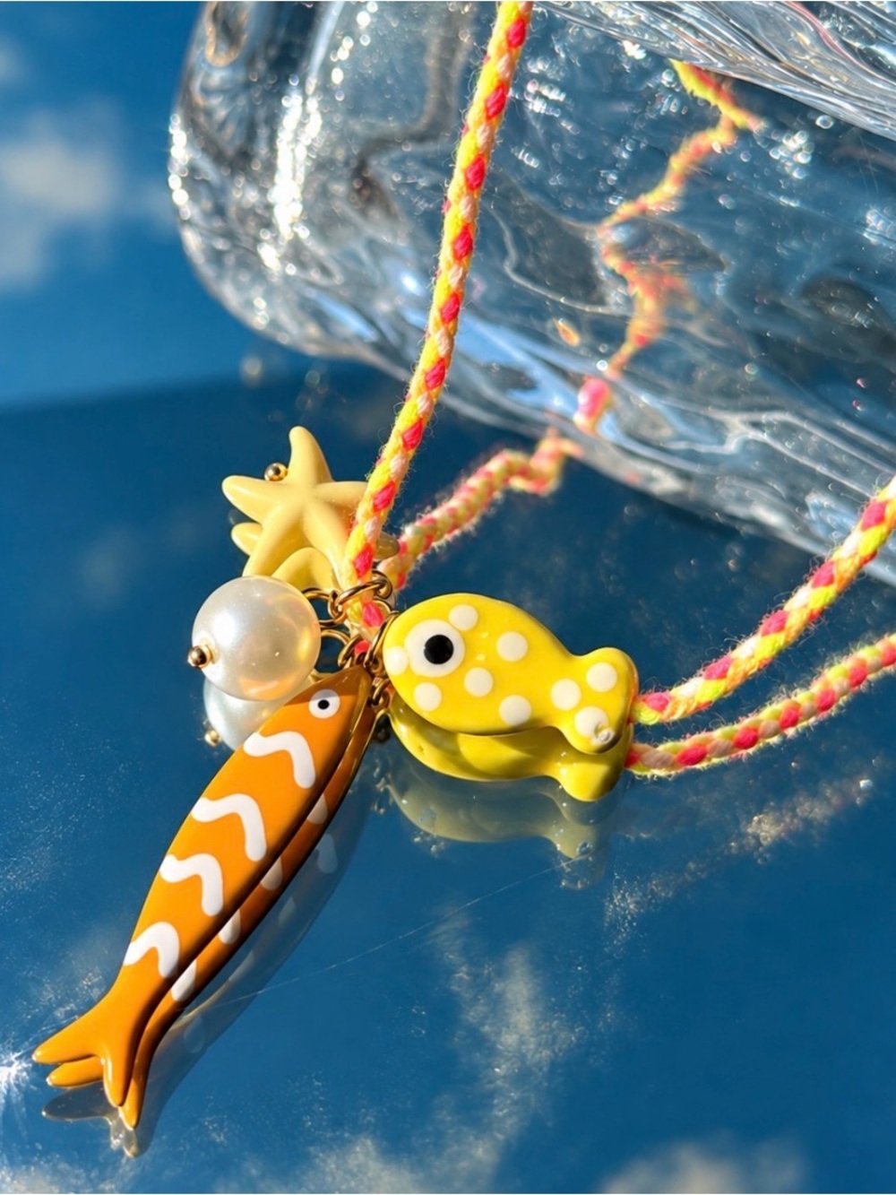 NIB Mayamar Ceramic Sardine Fish Starfish Pearl Braided Thread Colorful Necklace